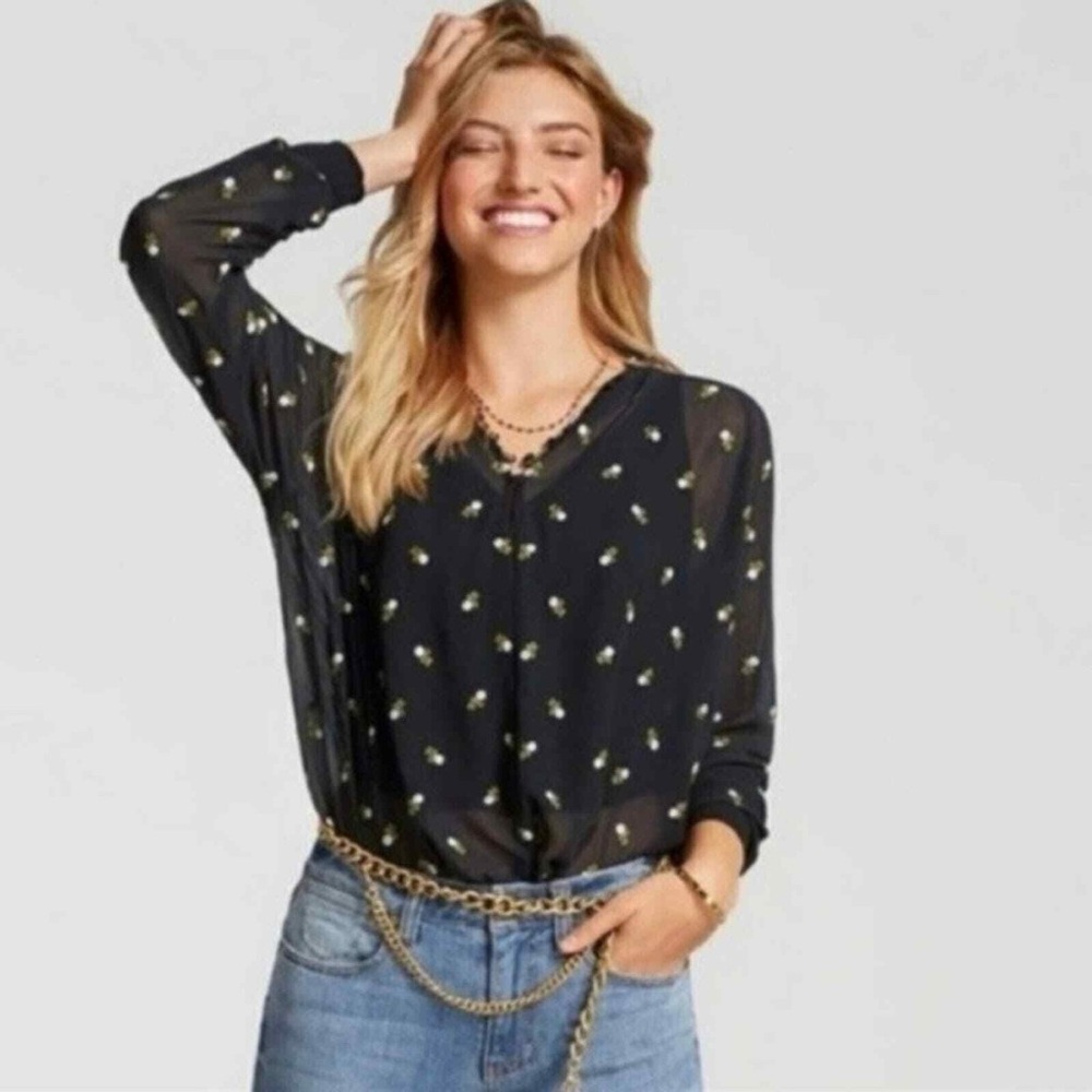 Cabi Algeria black floral embroidered sheer blouse M